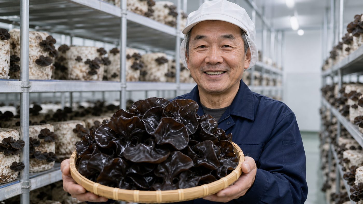 収穫したきくらげを手にする生産者